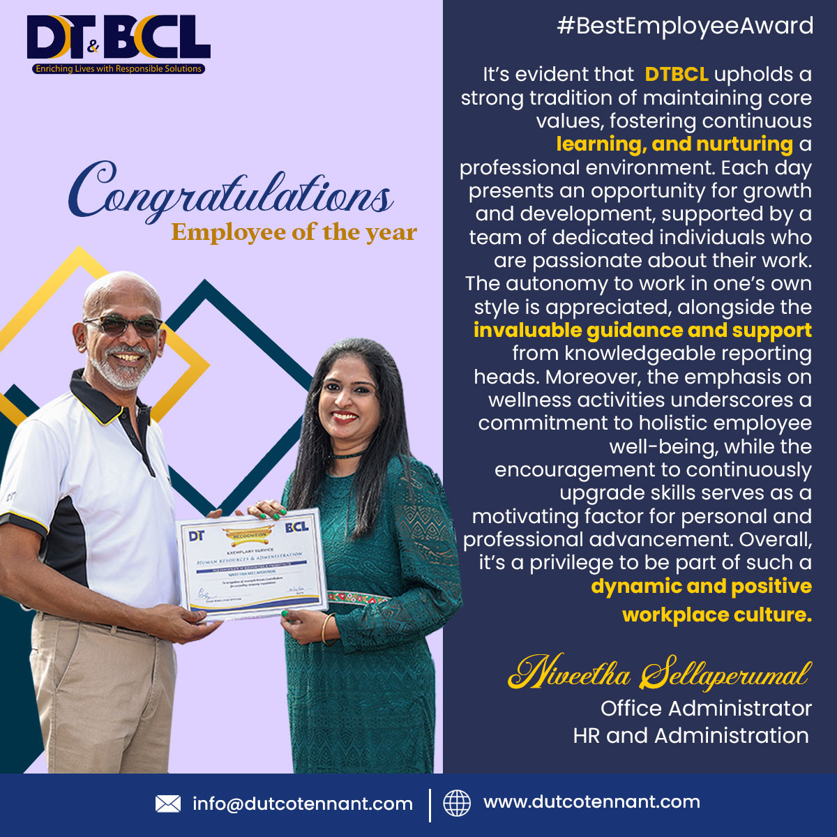 Congratulations Niveetha S for the 𝐁𝐞𝐬𝐭 𝐄𝐦𝐩𝐥𝐨𝐲𝐞𝐞 𝐀𝐰𝐚𝐫𝐝!! 🎊

#employeeoftheyear #employeeappreciation #bestemployeeaward #teamplayer #DTBCL #DutcoTennantLLC