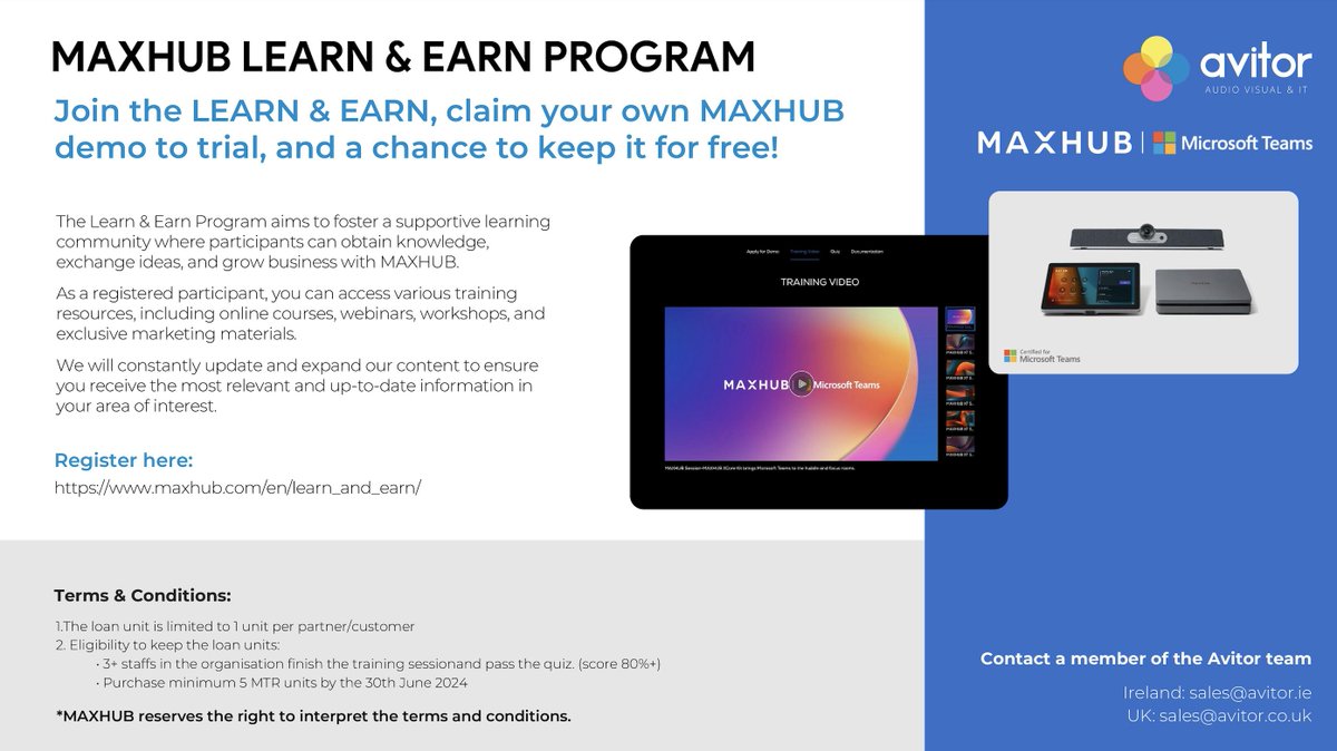 Avitor are pleased to offer the MAXHUB LEARN & EARN programme! Claim your own MAXHUB demo unit with a chance to keep it for free!

To find out more - Simply contact us and we can assist you in registering for the programme

*T & C's apply

UK - sales@avitor.co.uk or 01494 622 580