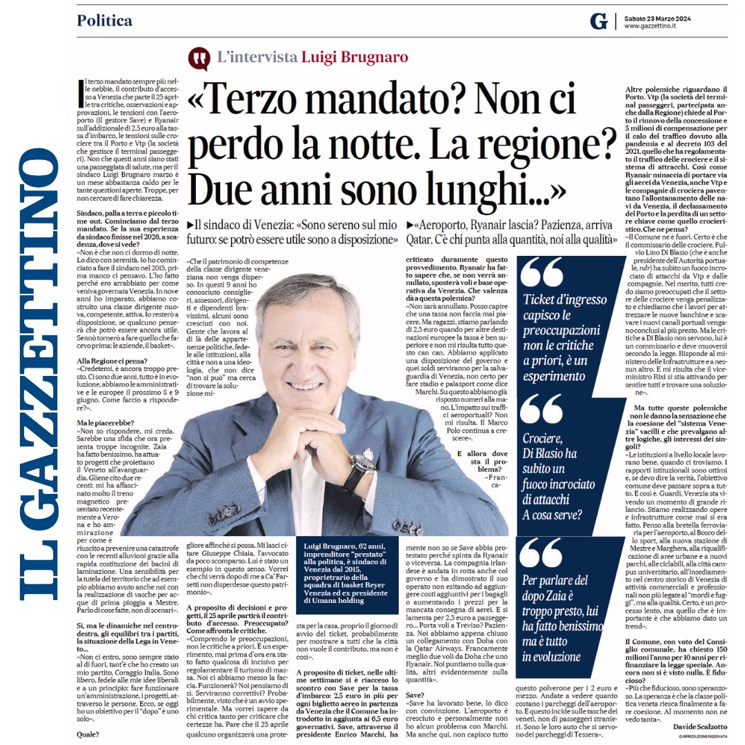 LuigiBrugnaro's tweet photo. #Venezia sta vivendo un momento di grande rilancio, è un percorso lento ma abbiamo dato un trend 

🗞️La mia intervista oggi sul #Gazzettino! https://t.co/2fFmL5MQZr