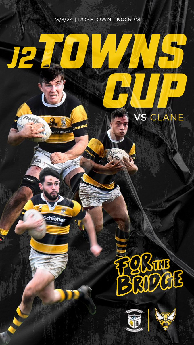 🏆🏆 Towns Cup Rugby 🏆🏆

Our J2s are in action this evening in the 2nd Towns Cup as they welcome <a href="/ClaneRFC/">Clane RFC</a> to Rosetown. Kickoff is at 6 p.m., and all support is appreciated, as always! ⚫️🟡