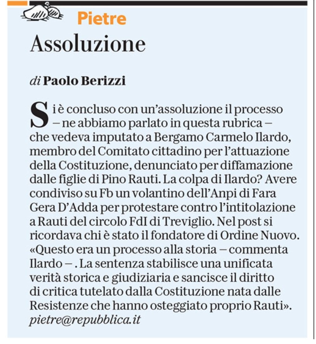 PBerizzi's tweet photo. A Bergamo le figlie di Pino Rauti perdono il processo contro un antifascista "colpevole" di avere postato un volantino in cui si raccontava chi è stato e cosa ha fatto Pino Rauti a cui FdI ha dedicato il circolo di Treviglio. La storia non si riscrive. 

#Pietre
@repubblica https://t.co/6XBb93BtCS