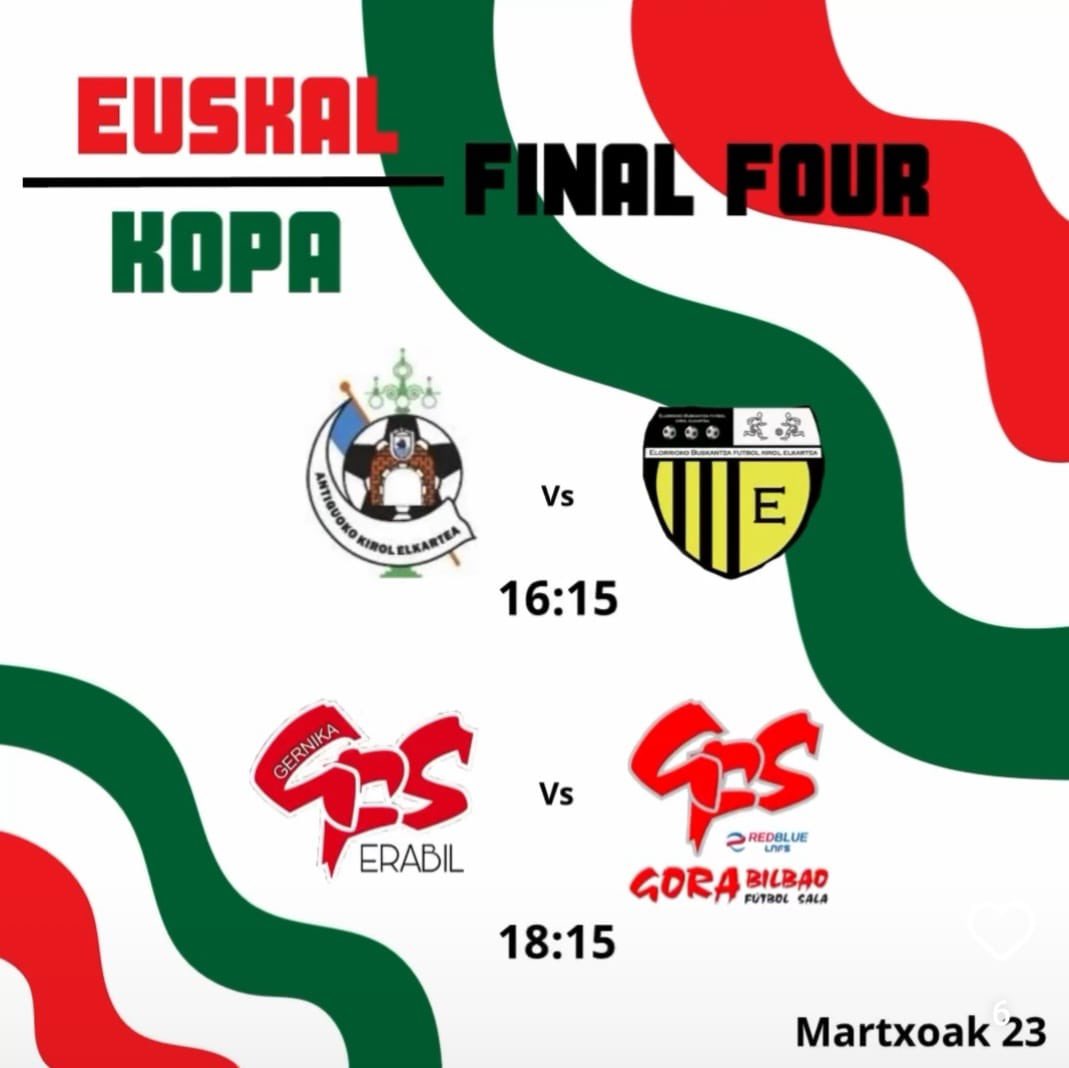 Deseamos mucha suerte a los tres equipos vizcaínos de fútbol sala - <a href="/elorriokofke/">Elorrioko Buskantza FKE</a> , #Gernikako y <a href="/GoraFS/">Gora  Bilbao F.S.</a> - que este fin de semana luchan por hacerse con el título de la Copa Vasca que se disputa en la localidad Gipuzkoana de Lezo.