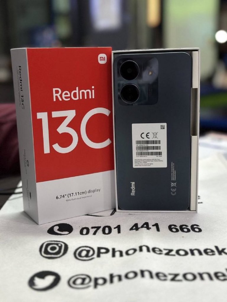 Redmi 13C Display -6.74 inches IPS LCD, 90Hz Android 13 Chipset-Helio G85 Camera -50mp+2Mp+0.08mp Selfie -8mp Side mounted fingerprint Battery -5000 mAh 18W charging speed 4GB + 128GB-Kshs 15,500 6GB+128GB-Kshs 17,500 8GB+256GB-Kshs 19,000