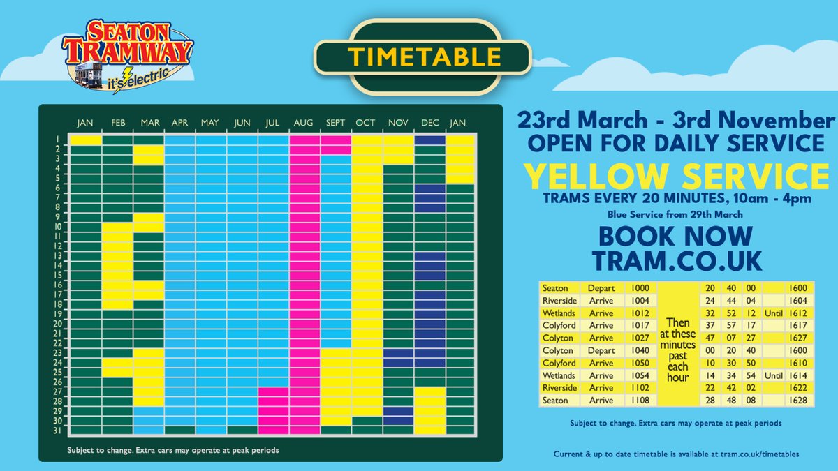 We are now open for daily tram service! 🚋 Operating Yellow Service we will have trams departing every 20 minutes from 10am - 4pm. Tickets can be purchased online or at Seaton or Colyton shops on arrival. tram.co.uk