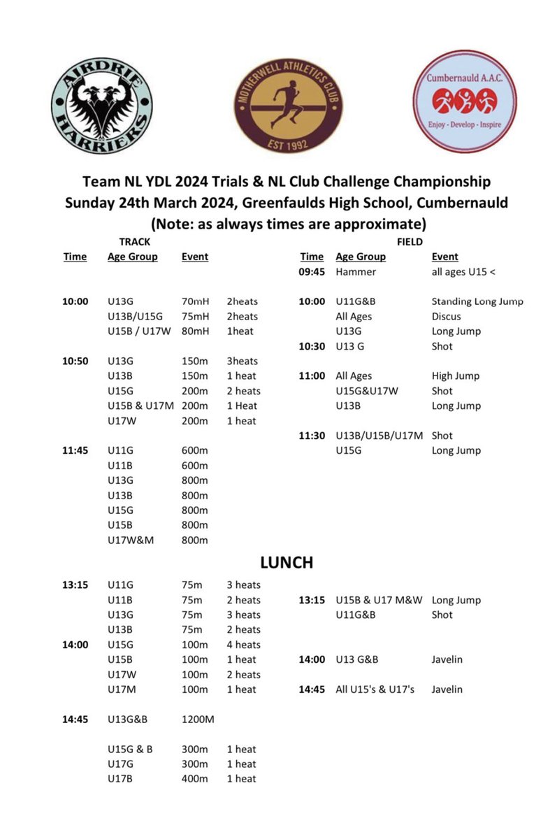 We are looking forward to welcoming our friends from Airdrie Harriers and Motherwell AC to our track tomorrow for the annual NL club championships and Team NL YDL selection event. We hope you all have a fun day! @AirdrieTandF @MotherwellAC