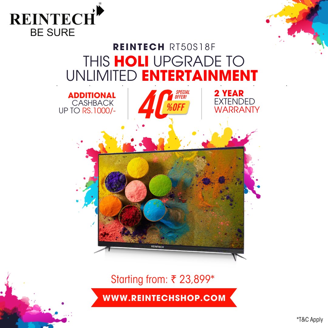 ReintechLtd's tweet image. Make this Holi the most memorable one yet with Reintech LED TV! 📷 Binge-watch your favorite movies and shows in high definition and never run out of options.
#HoliUpgrade #reintechledtv #BingeWatchGoals #ExperienceTheMagic #happyholi2024 #Holi #SaturdayVibes #Reintechbesure