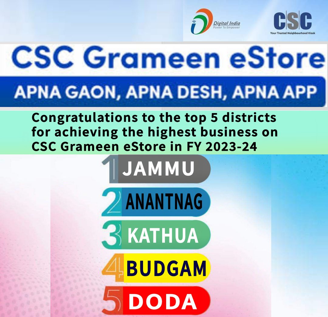 Congratulations to the top 5 districts for achieving the highest business on CSC Grameen eStore in FY 2023-24.