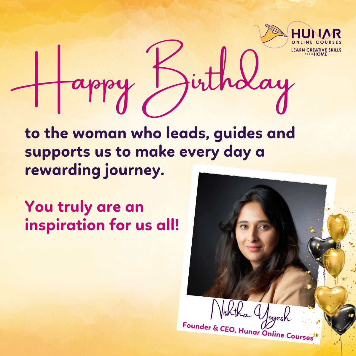 HunarOnline's tweet photo. Today, we celebrate✨ our Founder &amp; CEO, @NishthaYogesh!👩🏻‍💼
She inspires and amazes us every day with her ideas, thoughts and presence! We would like to take this opportunity to wish her a very Happy Birthday.🎂🥳

#hunaronlinecourses #womeninspiringwomen #womensupportingwomen https://t.co/QNCuMvPjvC