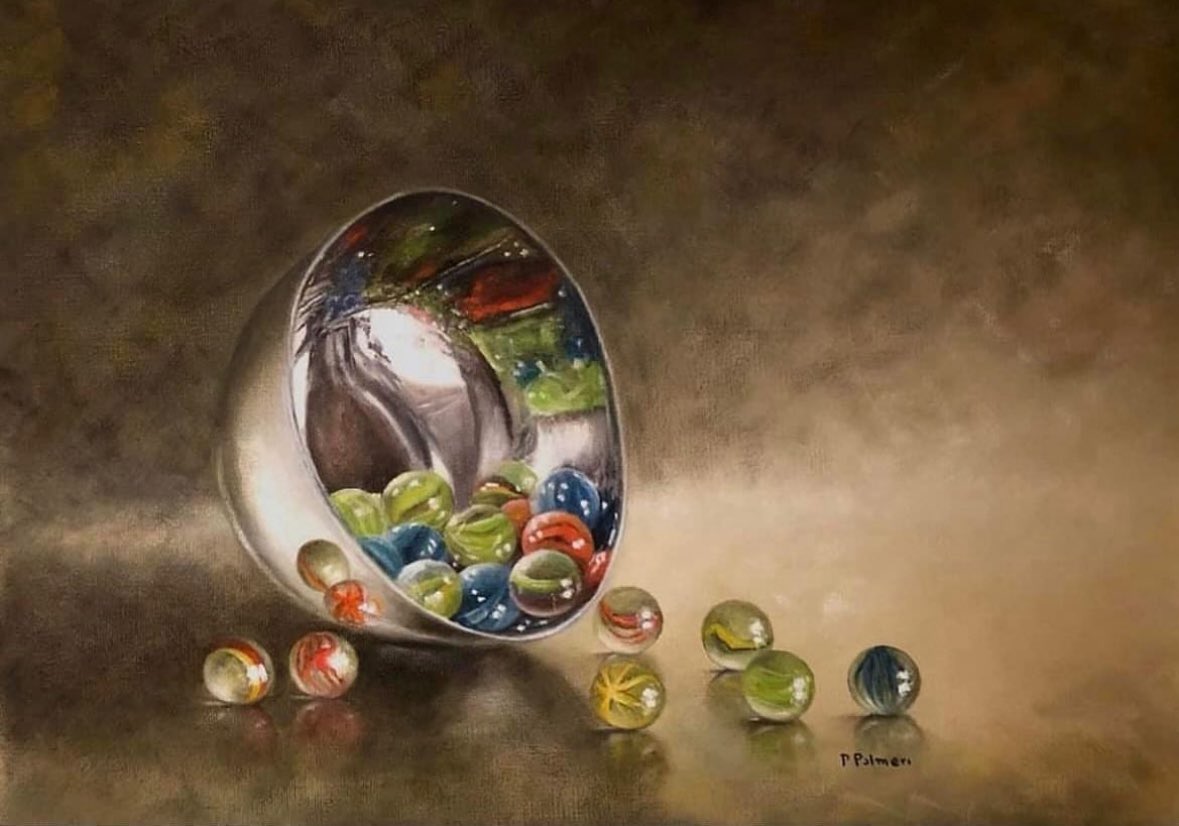 ‘Silver bowl and Marbles’ Oil on canvas, 40x30 cm #oilpainting #marbles #reflection #canicas #plata #reflejos #cristal #stilllife #silver #petrapalmeriart #homedecor #homedecoration #art #artgallery #artwork #guernseyartnetwork #guernseyart #art #guernseyartist