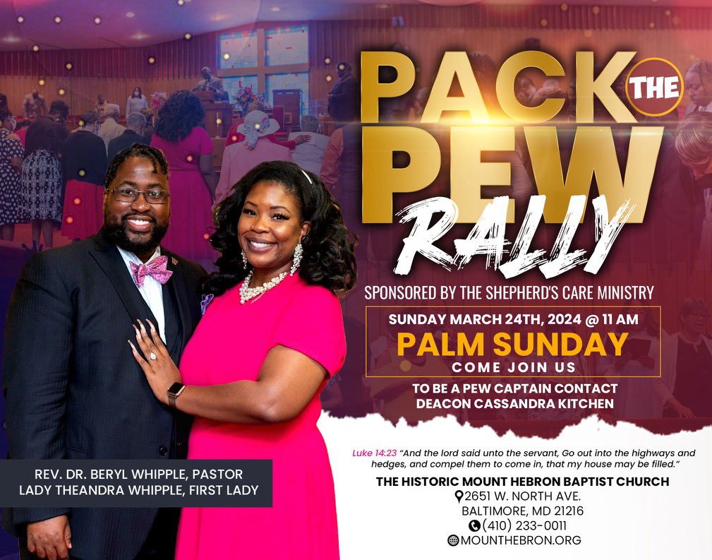 MHBCInc's tweet photo. Join us this weekend for our Pack The Pew Rally, Palm Sunday, Pastor’s Birthday Celebration! 
#MountHebron 
#MHPTP 
#HBDDrWhipple https://t.co/i4HF2HjyBI