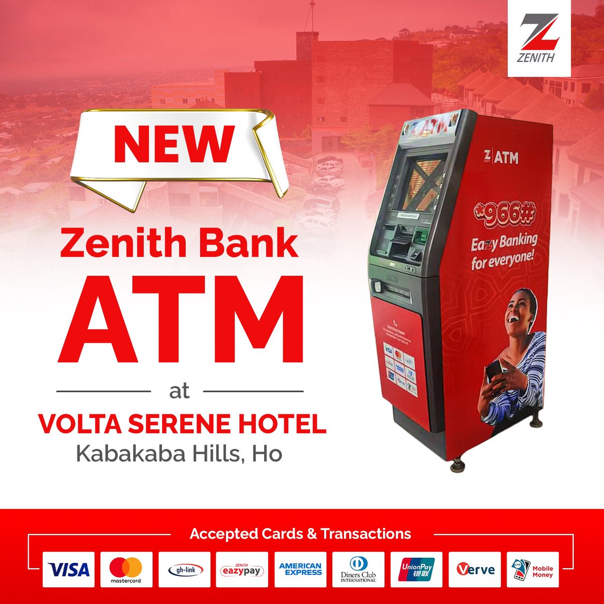 ZenithBank_Gh's tweet photo. We're thrilled to announce the arrival of our new ATM at Volta Serene Hotel. Convenience now has a new address. Swing by and experience hassle-free banking right at your fingertips!
#NewATM #BankingConvenience #VoltaSereneHotel https://t.co/xjGBJpuETm