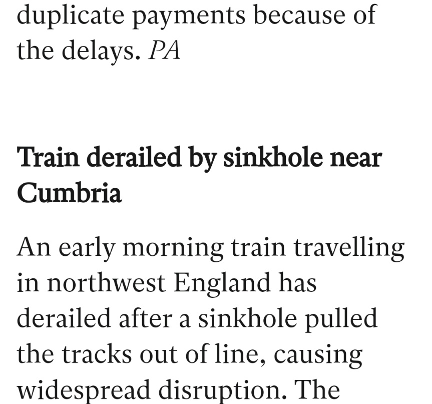Peter Claydon (@peterclaydon) on Twitter photo From the <a href="/Independent/">The Independent</a> today. Cumbria is an English county, and the implication is that the sinkhole is in a nearby county, like Lancashire or Yorkshire, so why not say so, <a href="/JohnRentoul/">John Rentoul</a>. (The article says it's actually in Cumbria). From the <a href="/Independent/">The Independent</a> today. Cumbria is an English county, and the implication is that the sinkhole is in a nearby county, like Lancashire or Yorkshire, so why not say so, <a href="/JohnRentoul/">John Rentoul</a>. (The article says it's actually in Cumbria).
