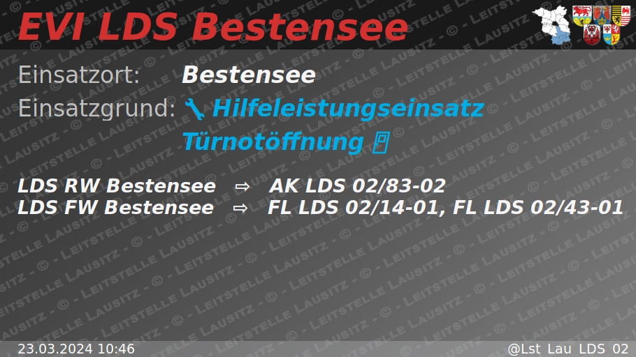 🚨 23.03.2024 10:46 🔧 🚪  H:Türnotöffnung 🌐 Bestensee 🚒 ⇨ FW Bestensee wachalarm.leitstelle-lausitz.de/dbrd/90d791cd-…