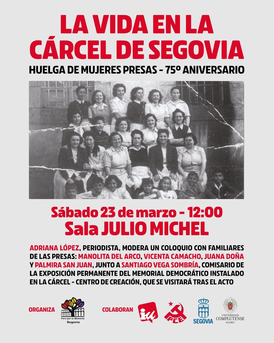 Hoy acompañamos a l@s compañer@s del @FMemoriaSegovia en este acto sobre la cárcel de Segovia en el 75 aniversario de la mujeres presas. Nos vemos en Segovia!!! @foromemoria @ForoMemoriaBG @FMemoriaMadrid @PceSegovia @IUsegovia