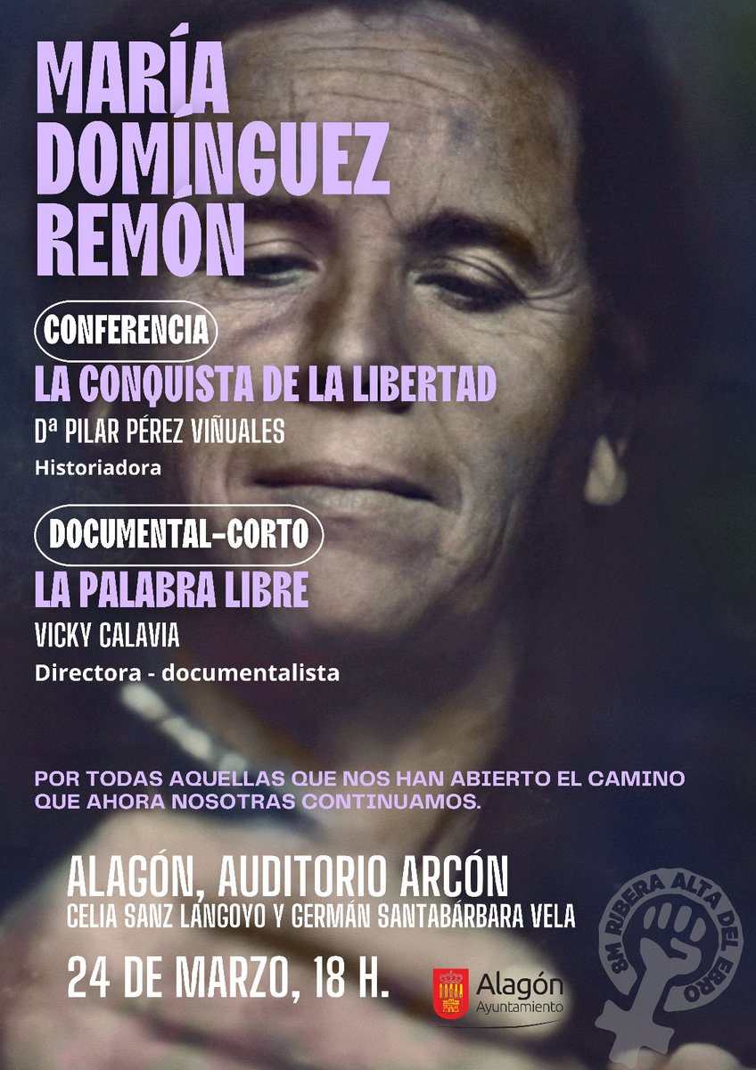 📣 RECORDAMOS‼️

🗓️ ¡MAÑANA DOMINGO!, a las 18h:

🗣️ Conferencia: “LA CONQUISTA DE LA LIBERTAD” a cargo de PILAR PÉREZ VIÑUALES

📽️ Documental - Corto: “LA PALABRA LIBRE”, de VICKY CALAVIA

📍 Auditorio Arcón Celia  y Germán 
Colabora: Ayuntamiento Alagón 

💜 Comparte y difunde