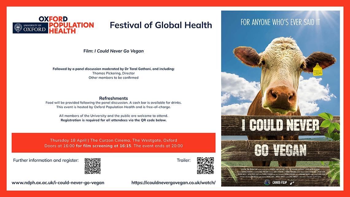 Could you ever become a #vegan? 🍎🥦🥕 🎥 Join us on Thursday 18 April at @CurzonOxford for a free screening of ‘I Could Never Go Vegan’, a documentary shedding light upon the #meat and #dairyindustry. Find out more and register 👉 buff.ly/49ZPSPJ