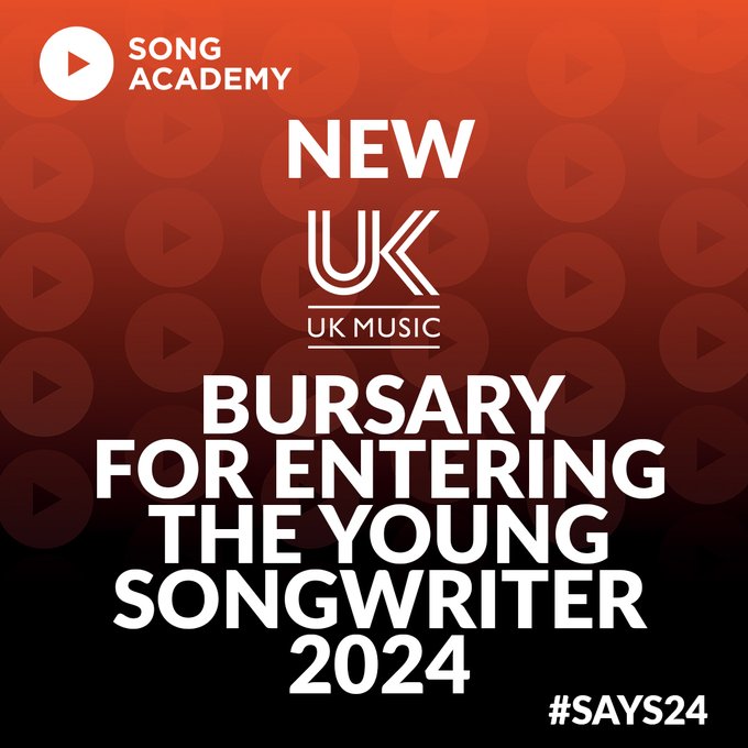 UK Music is offering 100 bursary entries to the @songacademyUK #Young #Songwriter 2024 competition. 

Aspiring songwriters can get their songs heard by leaders in the industry. Deadline to enter is March 31.

Find out more here: bit.ly/3V6GOny

#TalentPipeline