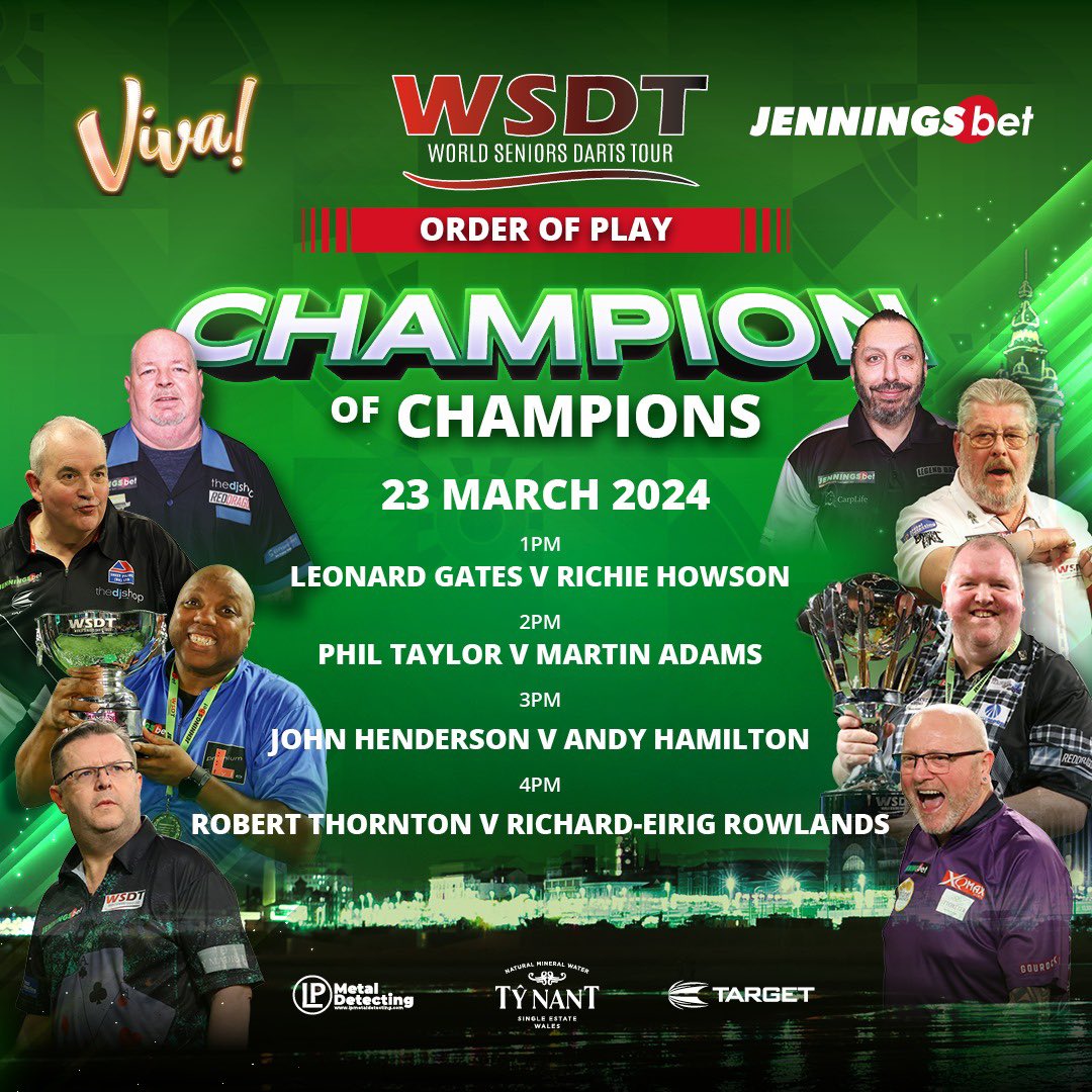 World Seniors Darts (@seniorsdarts) on Twitter photo Saturday Session 🎯
The <a href="/jenningsbetinfo/">JenningsBet</a> Champion of Champions commences today!
4 best of 19 contests coming your way from <a href="/VIVABlackpool/">vivablackpool</a> 🗼
LIVE on <a href="/BBCSport/">BBC Sport</a> and <a href="/BBCiPlayer/">BBC iPlayer</a> Saturday Session 🎯
The <a href="/jenningsbetinfo/">JenningsBet</a> Champion of Champions commences today!
4 best of 19 contests coming your way from <a href="/VIVABlackpool/">vivablackpool</a> 🗼
LIVE on <a href="/BBCSport/">BBC Sport</a> and <a href="/BBCiPlayer/">BBC iPlayer</a>