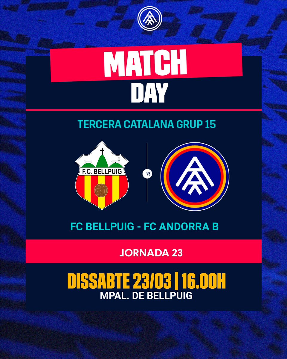 FCAndorra_B's tweet photo. 🚨 𝗗𝗜𝗔 𝗗𝗘 𝗣𝗔𝗥𝗧𝗜𝗧!

🏆 Tercera Catalana Grup XV
🆚 FC Bellpuig

#SomTricolors 🔵🟡🔴 https://t.co/6moe5pius9