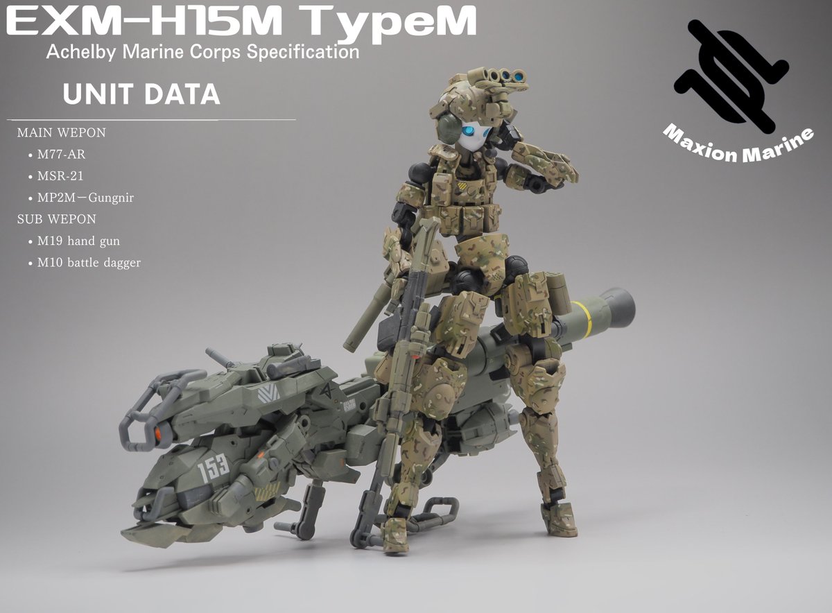 Barnard0079's tweet photo. EXM-15M　Type・M
アチェルビー海兵隊仕様モデル

マクシオン軍特殊部隊のTier1、2クラスの部隊に
配備されているモデル。あらゆる環境に適応できる
特殊迷彩の採用、圧倒的汎用性を持つ機体特性を備え遊撃や偵察を行う為に戦場を駆る…！

続く↓
#チームマクシオン
#30MLミッション砂漠エリア https://t.co/H6VdcGNuag