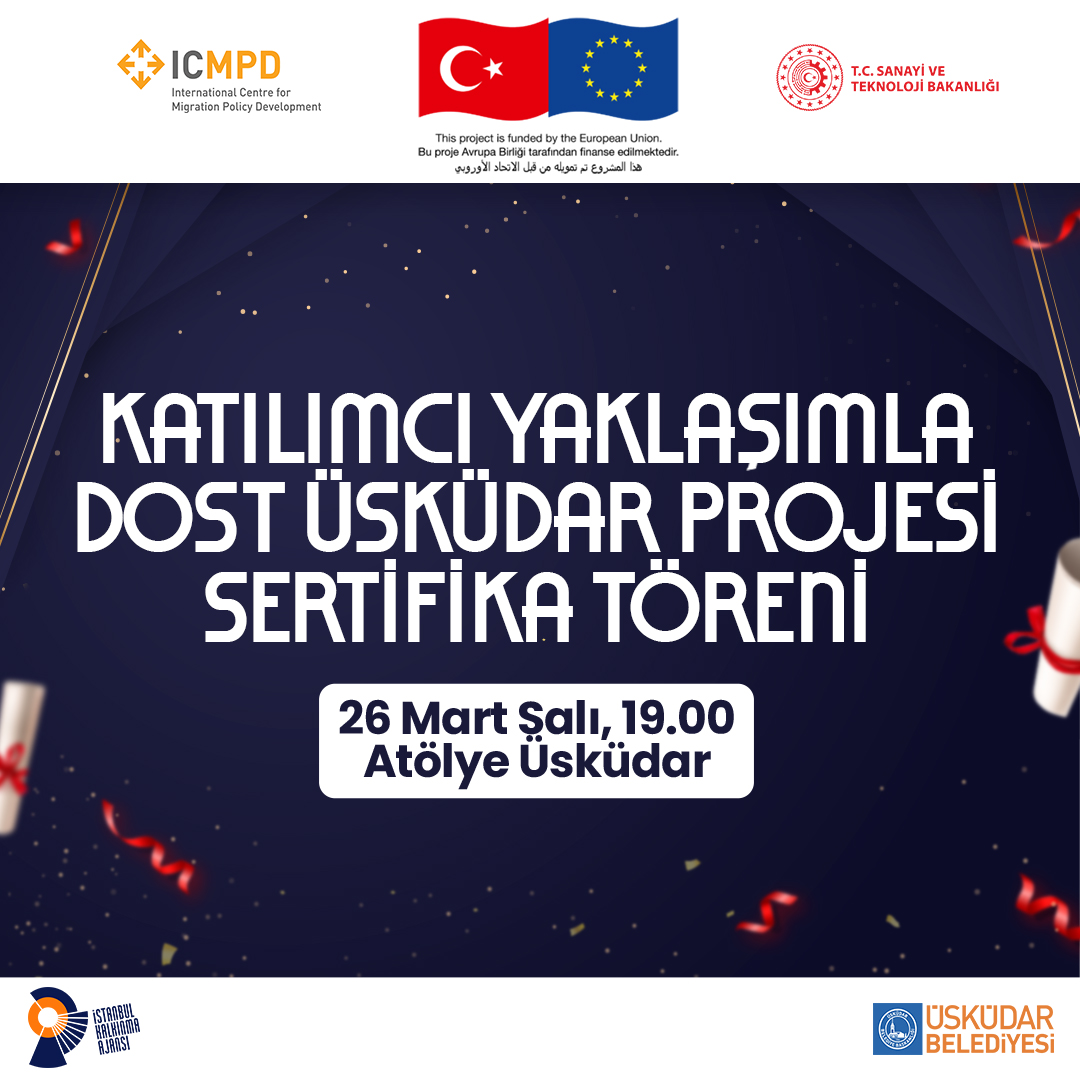 Katılımcı Yaklaşımla Dost Üsküdar Projesi Sertifika Töreni’ne davetlisiniz! 🎓🎉⠀
⠀
📅 26 Mart Salı⠀
🕖 19.00⠀
📍 Atölye Üsküdar⠀
⠀
Sertifika Töreni’nde görüşmek üzere 👋

<a href="/ICMPD_Turkiye/">ICMPD Türkiye Temsilciliği</a> <a href="/TCSanayi/">Sanayi ve Teknoloji Bakanlığı</a> <a href="/hilmiturkmen34/">Hilmi Türkmen</a> <a href="/uskudarbld/">Üsküdar Belediyesi</a> <a href="/VYTaylan/">Vefa Yunus Taylan</a> 

#atölyeüsküdar #sertifikatöreni