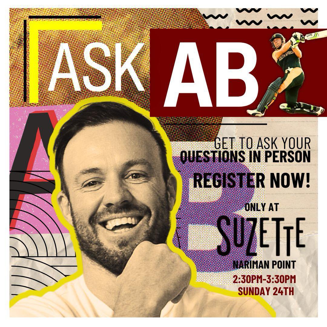 ABdeVilliers17's tweet photo. Mumbai!!! Looking forward to meeting some of you! See you there 😊
📍 Kitchen Garden by Suzette, Colaba.
🔗 Registration link: https://t.co/7WuHtPWkK8
#The360Live #AskAB #India https://t.co/jGgQh7EDbB
