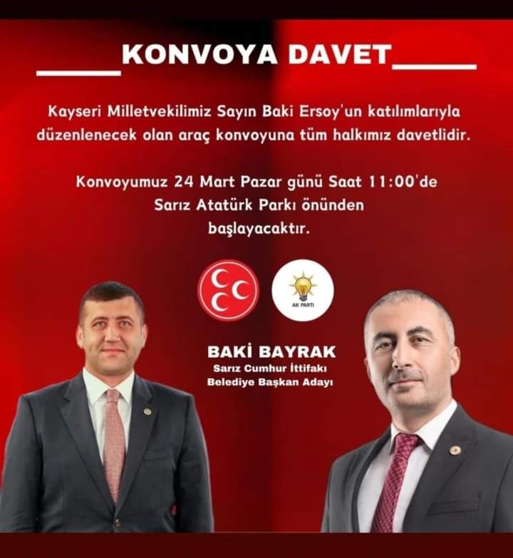 📢 KONVOYA DAVET 

🗓️ 24 Mart  2024 Pazar
⏰ Saat: 11.00
📍Sarız Atatürk Parkı Önü