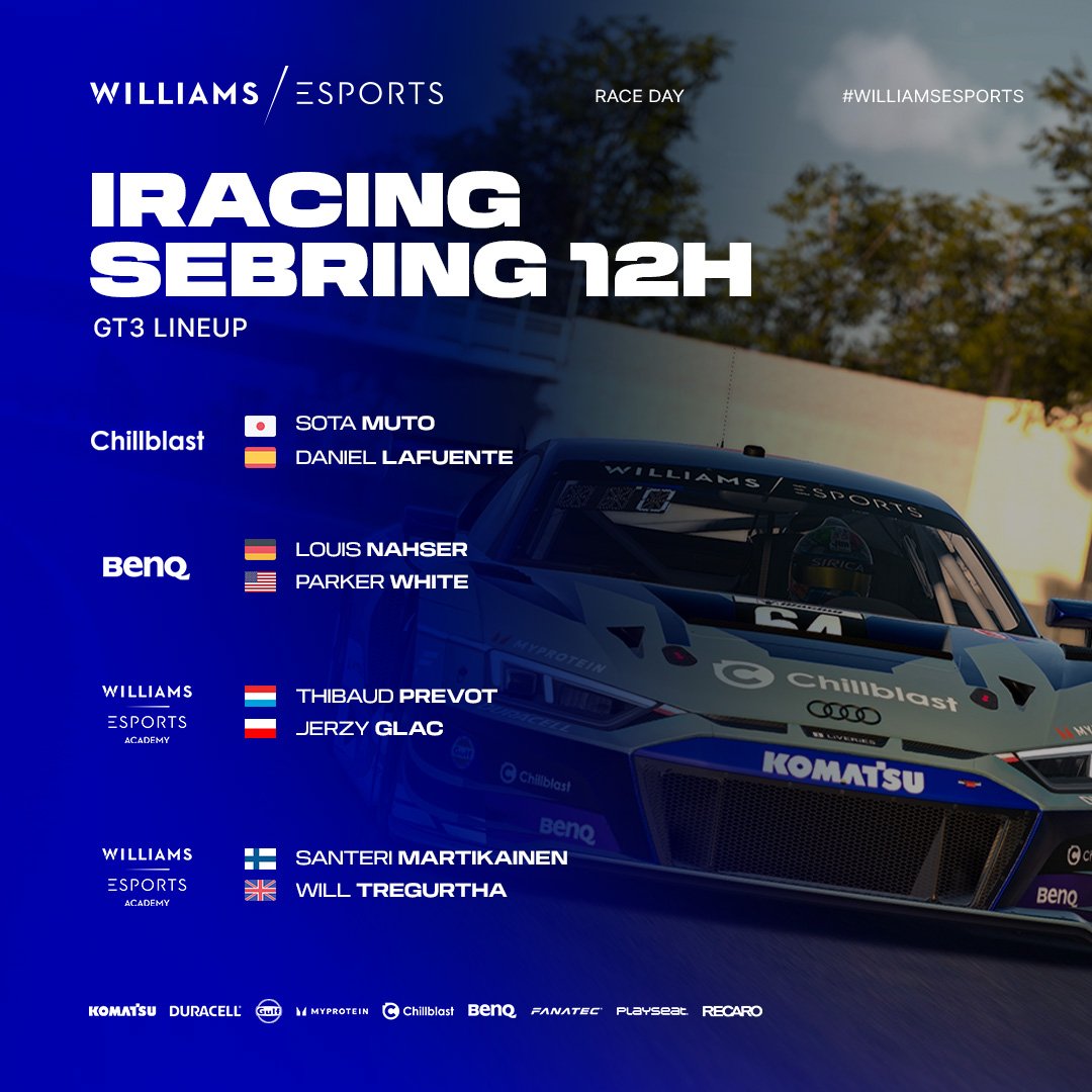 A quadruple car team for the GT3 class at Sebring today! 🔵 @chillblast 🟣 @MobiuzGaming 🟡 Academy #1 🟡 Academy #2 📺 twitch.tv/williamsesports - 1230 UK #WilliamsEsports #WeAreWilliams #SimRacing #iRacing #Sebring