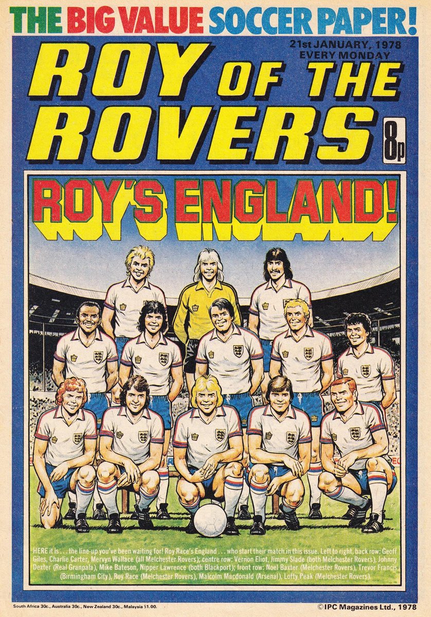 With England playing tonight, it's a good opportunity to show Roy's famous England side he selected, featuring players from Roy of the Rovers and Tiger, plus Trevor Francis and Malcolm Macdonald.  What do you think of these England shirts?