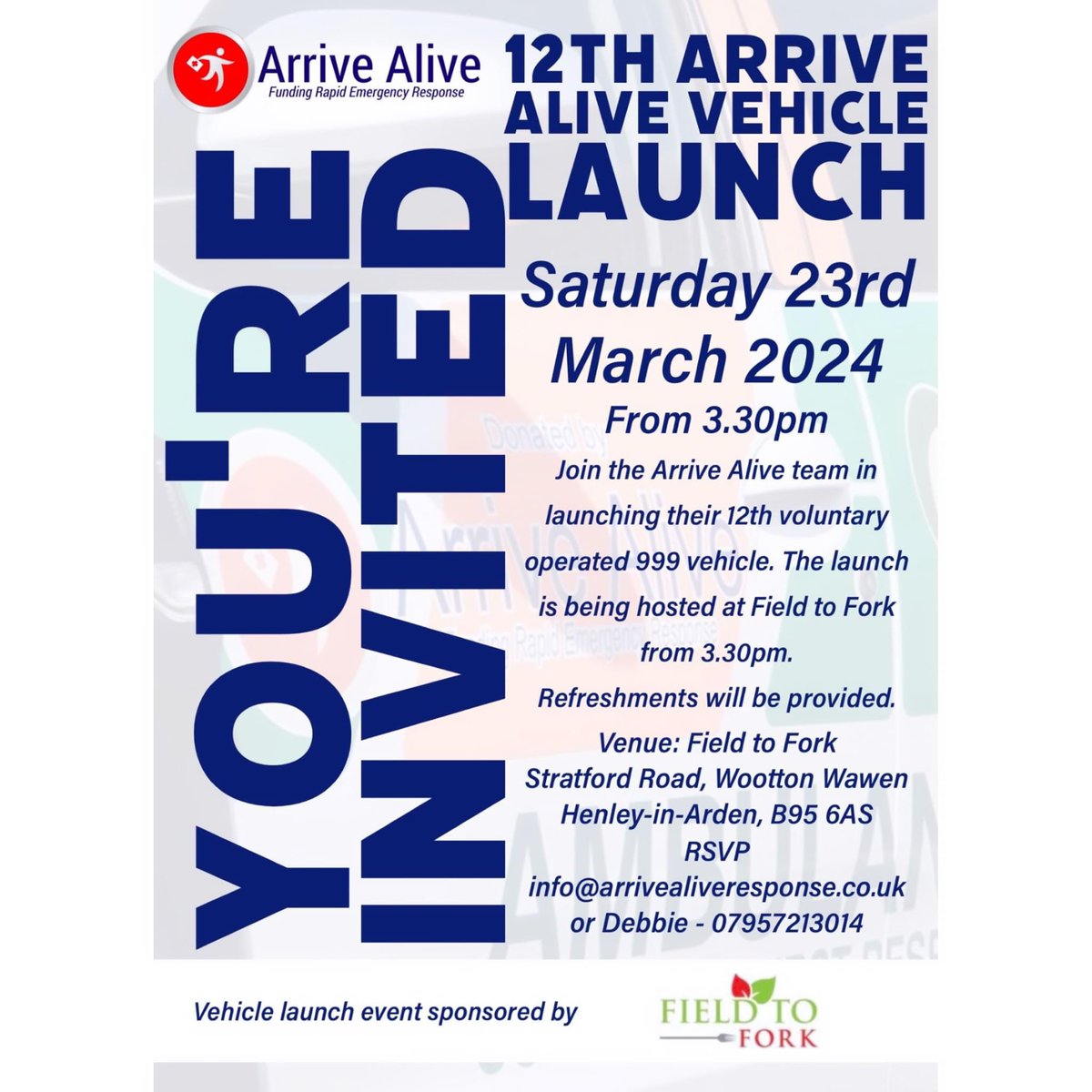 Today @Arrive_AliveUK will be launching another voluntary operated 999 vehicle to support @OFFICIALWMAS CFRs and the amazing work they do. Join us at Field to Fork this afternoon for the official launch. ❤️🚑