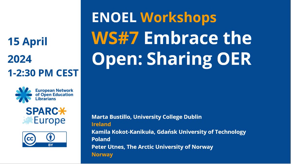 WS#7 is on its way! Come join @martab_lib, Kamila Kokot and Peter Vedal Utnes, who will accompany you through the journey of Sharing OER in the next workshop of the 'Embrace the Open' series! Register here: tinyurl.com/ENOELWorkshop7