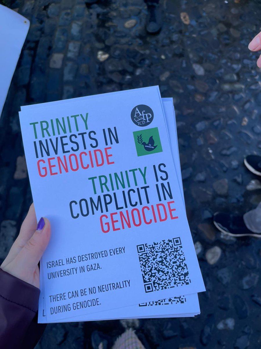 Join us at #TrinityOpenDay, informing people about Trinity's links with genocide. A 'good university' divests from genocide