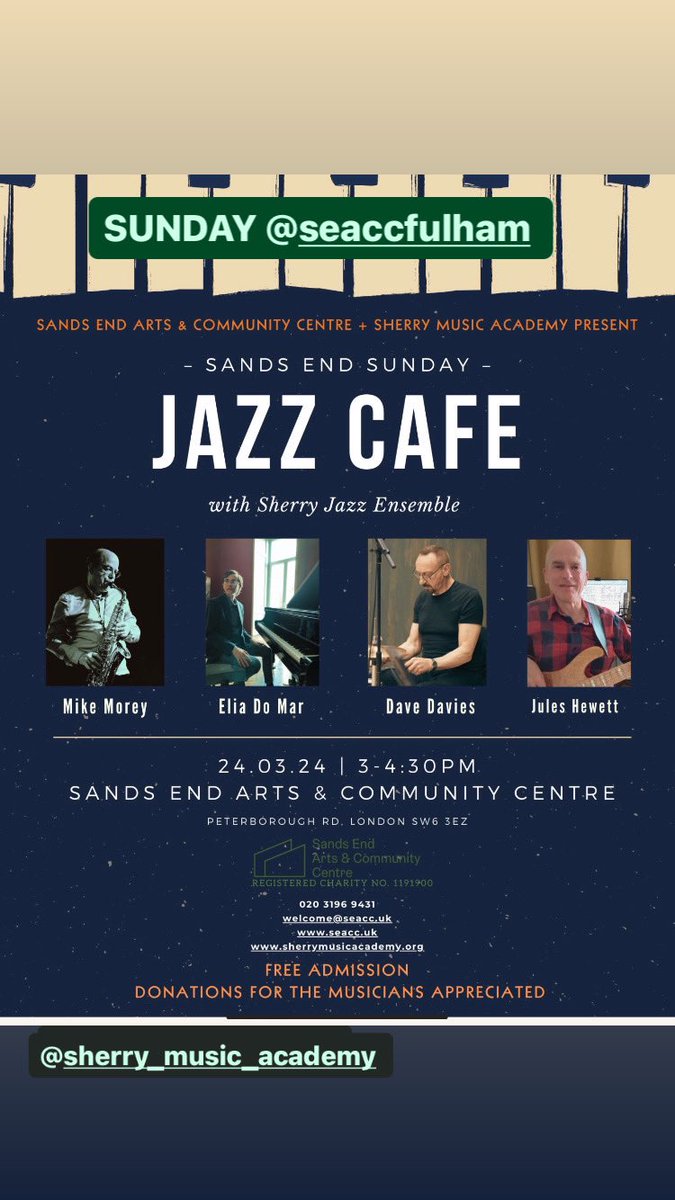 The popular Sands End Sunday #jazz #cafe is back #tomorrow at Sands End Arts & Community Centre. Join Sherry Jazz Ensemble between 3pm & 4.30pm in the licensed Walnut Tree Cafe & relax with friends over some #wine & enjoy the #music. #seaccfulham #communitycentre #artscentre
