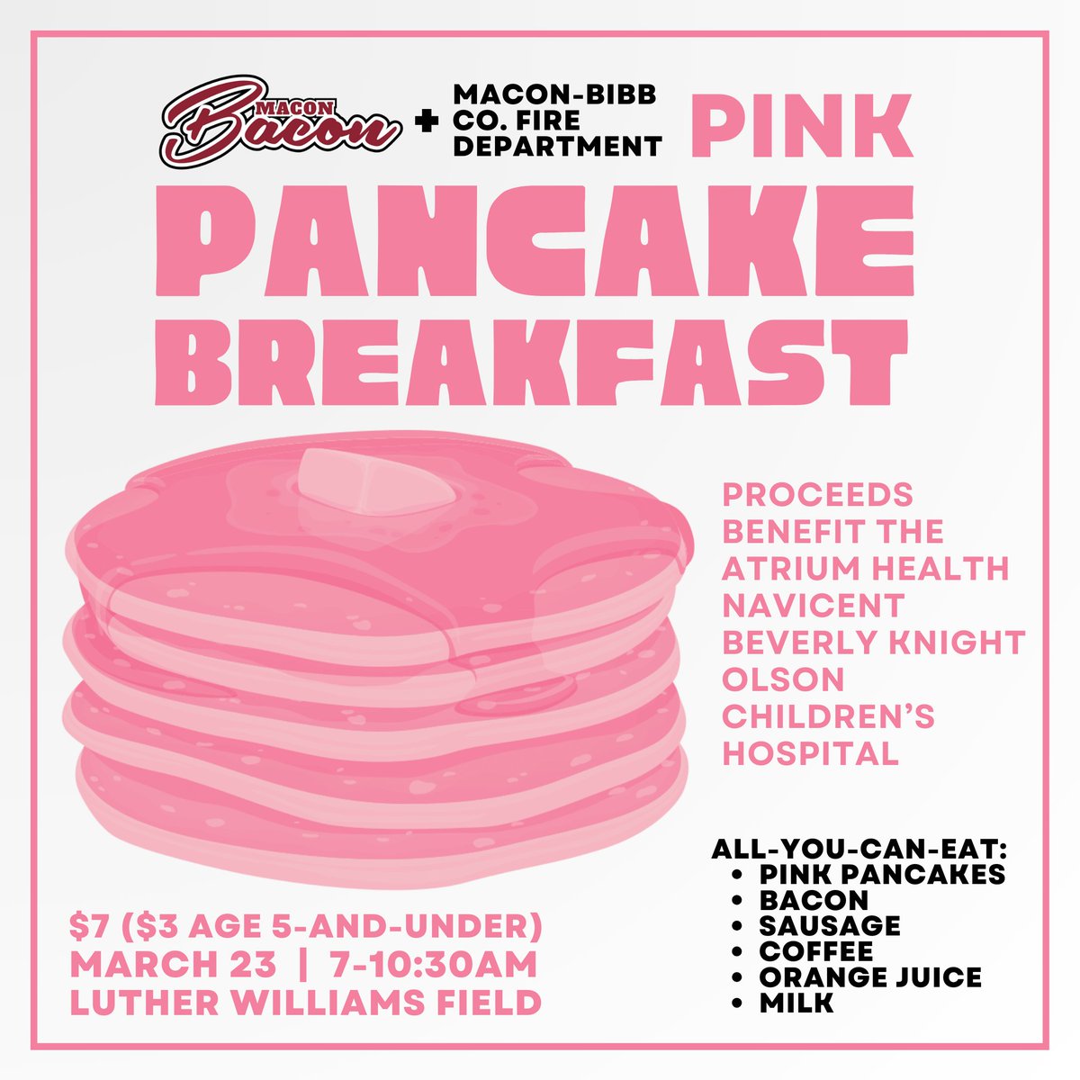Our annual Pink Pancake Breakfast is today! Come by Luther Williams Field for all the pink pancakes and bacon you can eat. Proceeds go towards purchasing Christmas gifts for patients at the Atrium Health Navicent Beverly Knight Olson Children's Hospital.
