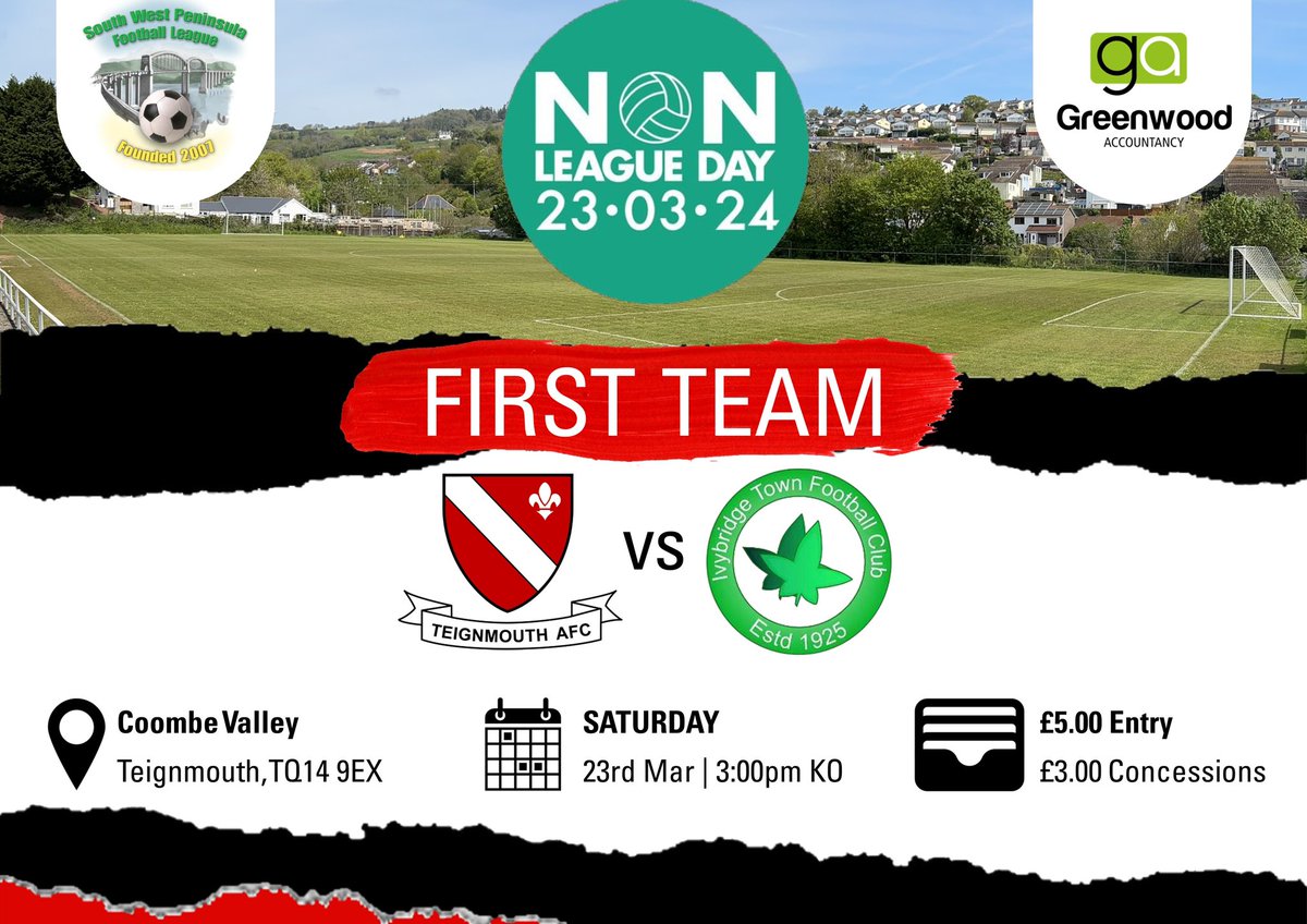Our #NonLeagueDay game today sees us welcome table toppers Ivybridge Town to the Valley in the South West Peninsula League at 3pm 

#DevonFootball #MatchDay #Teignmouth #JustOutsidePlymouth #WhatNoRain?