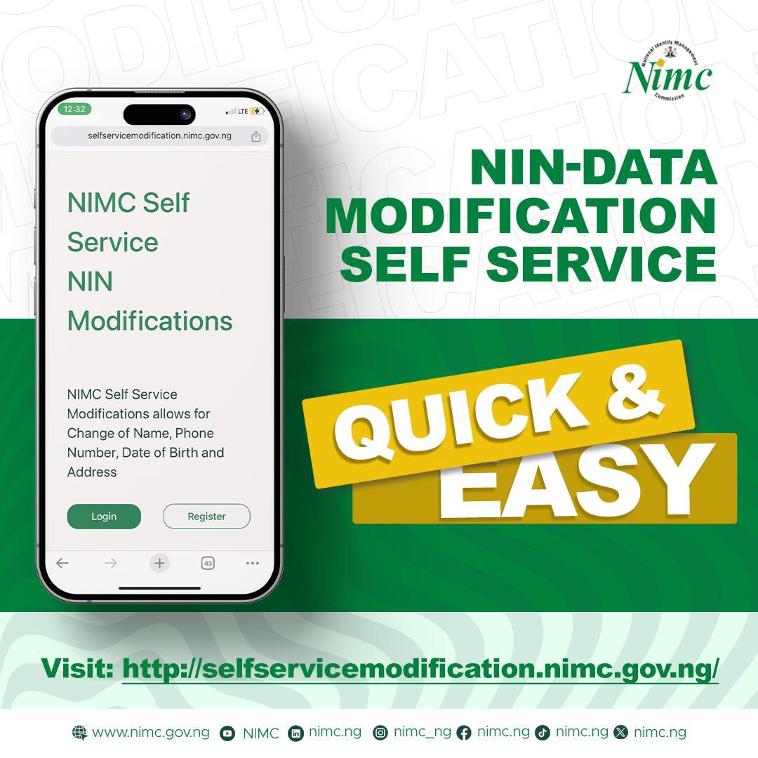 Did you know you can modify your name, date of birth, mobile number, house address, email address, etc., on the NIMC Self-Service App? Kindly log on to: selfservicemodification.nimc.gov.ng All modifications on the National Identification Number (NIN) can be done seamlessly on the NIMC…