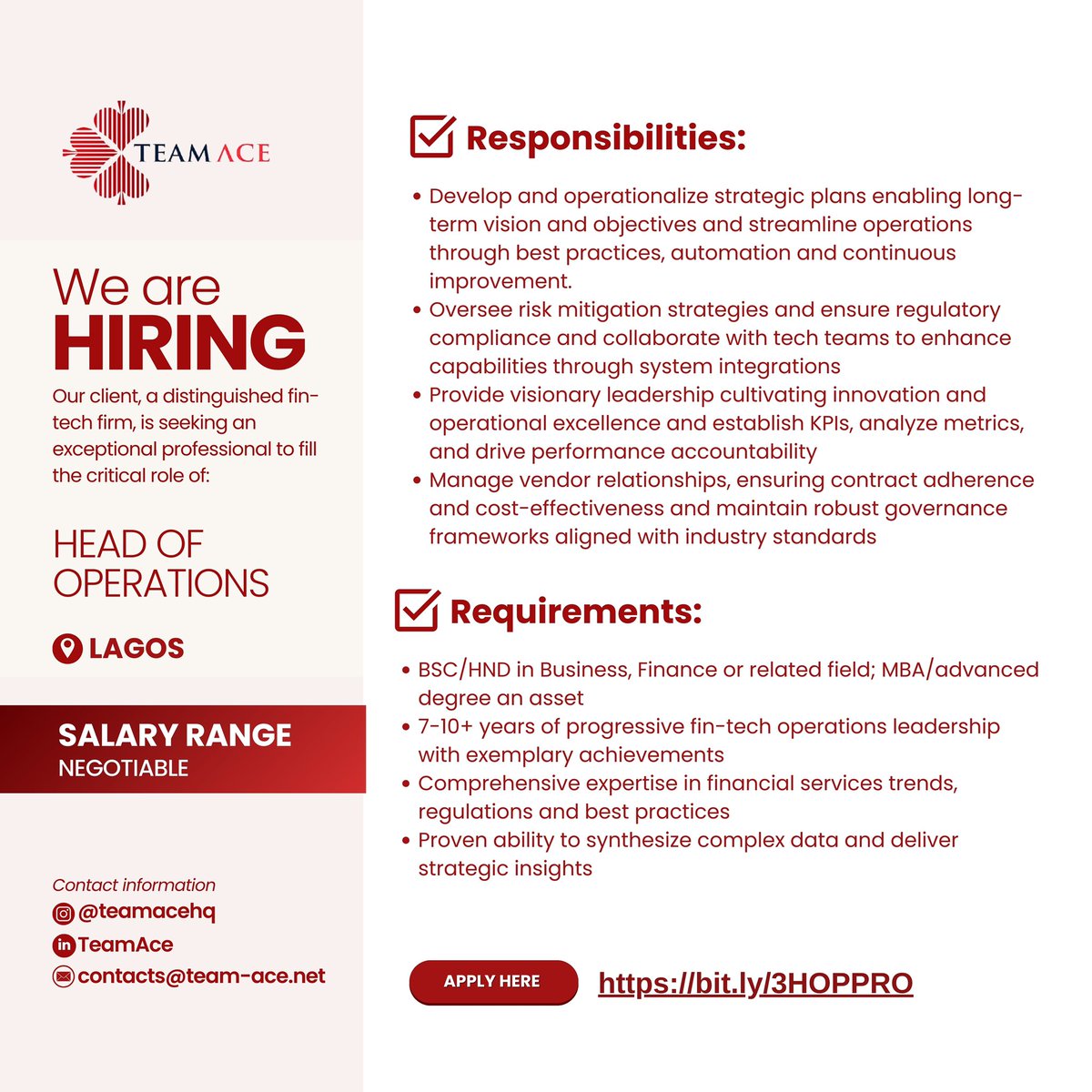Job Opening!!!!

Qualified and Interested? Apply here👇
bit.ly/3HOPPRO

#operationsmanager #jobopportunity #hringnow #BBNaija #employmentopportunities #employment #vacancy #teamace