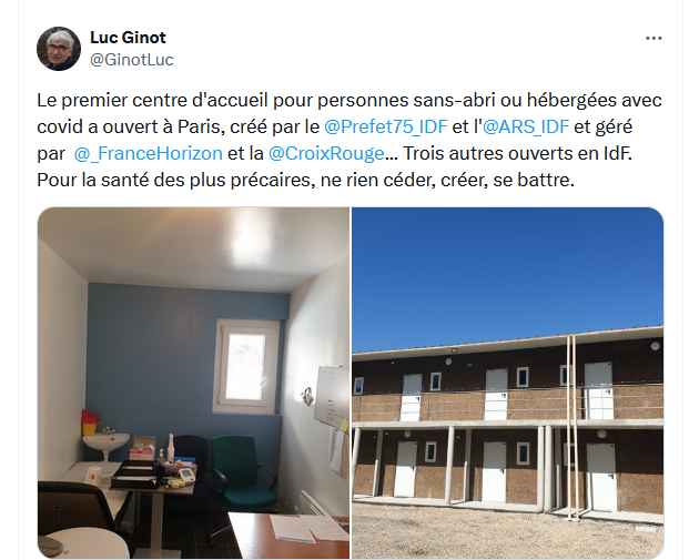 Il y a 4 ans jour pour jour, avec le <a href="/Prefet75_IDF/">Préfecture de la région d’Île-de-France</a> <a href="/_FranceHorizon/">France Horizon</a> et la <a href="/CroixRouge/">Croix-Rouge fr</a> , l'<a href="/ARS_IDF/">ARS Île-de-France</a>  inaugurait le premier centre d'accueil pour personnes sans-abri ou hébergées avec COVID. D'autres ont suivi. La santé des plus défavorisés, sujet tellement d'actualité encore.