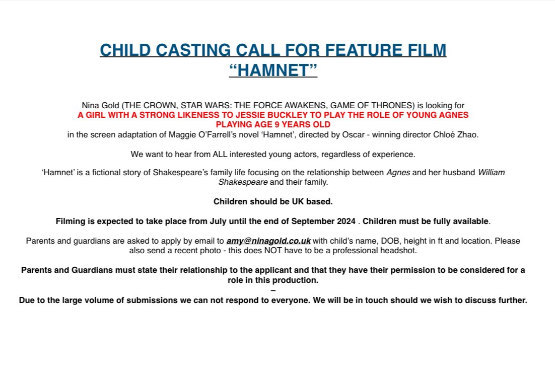 📣CASTING CALL📣 We are looking for our Young Agnes for the screen adaptation of HAMNET. Playing age 9 years old and must have a strong likeness to Jessie Buckley. See flyer below for more information. PLEASE RT