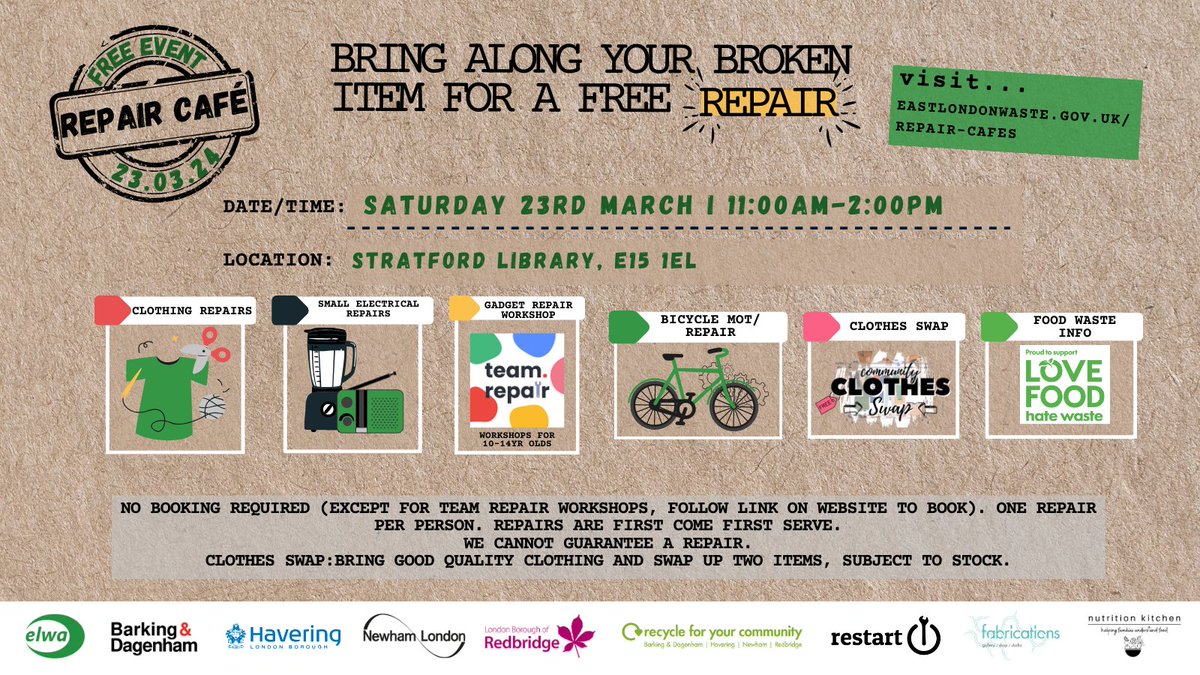 Our Repair Café is today 📅Sat 23rd Free repairs: 🔧Electricals @restartproject📻 🧵Textiles @barleymassey👕 🔧Bicycles 🚲 🎽Mini Clothes Swap 🌶️Nutrition Kitchen 🔧@theteamrepair Gadget Repair workshops for kids aged 10+ 🖱️Book here tinyurl.com/s57p27tz @NewhamLondon