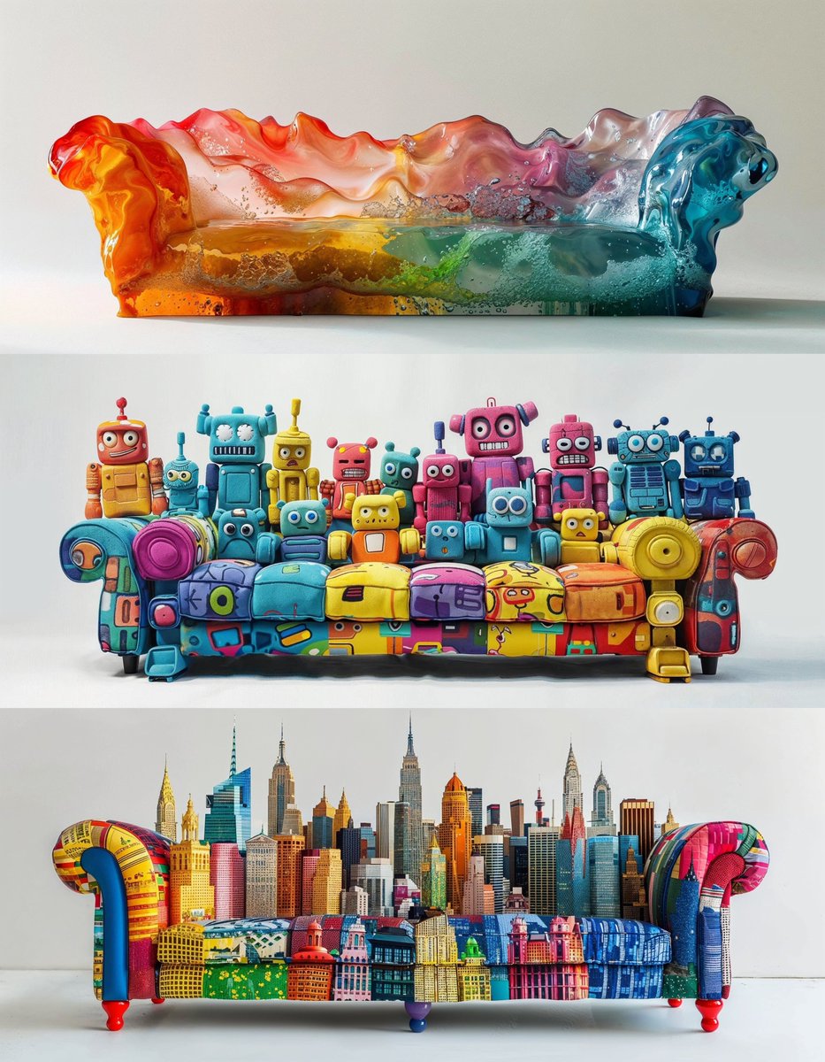 Happy Saturday, everyone! 💙

I decided to make something colorful for the weekend, so hope you enjoy these simple prompts:

a sofa made out of beautiful, colorful oceans, dissolving into water --ar 21:9

a sofa made out of beautiful, colorful robots --ar 21:9

a sofa made out of