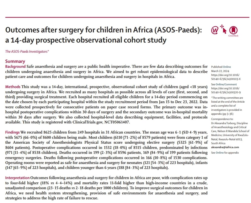 Glad to be one of the authors of the article just published in the lancet, on March 22, 2024: Outcomes after surgery for children in Africa (ASOS-Paeds): a 14-day prospective observational cohort study. thelancet.com/journals/lance…