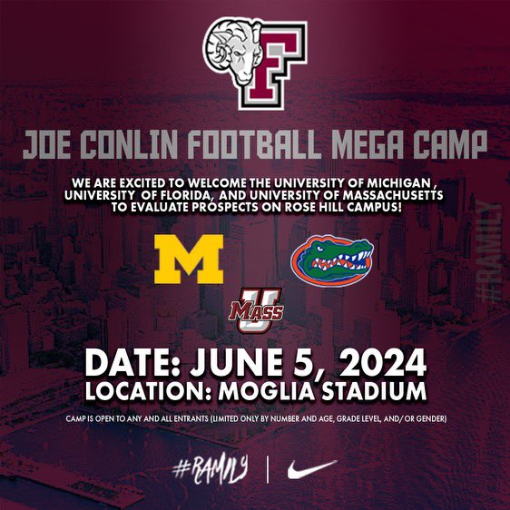 🚨Take a trip to NYC this summer to be evaluated by some of the best football programs in the country!🚨 Register now↙️ joeconlinfootballcamps.com #RAMILY 🐏