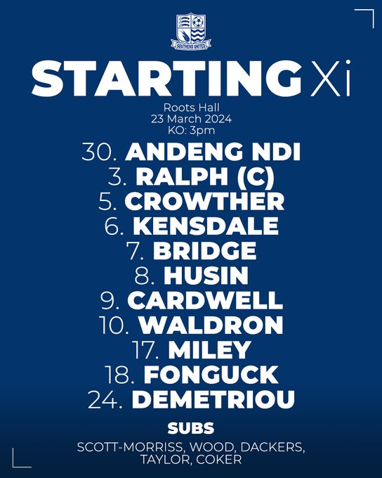 Blues XI: Andeng Ndi, Ralph, Crowther, Kensdale, Bridge, Husin, Cardwell, Waldron, Miley, Fonguck, Demetriou. Substitutes: Scott-Morriss, Wood, Dackers, Taylor, Coker.