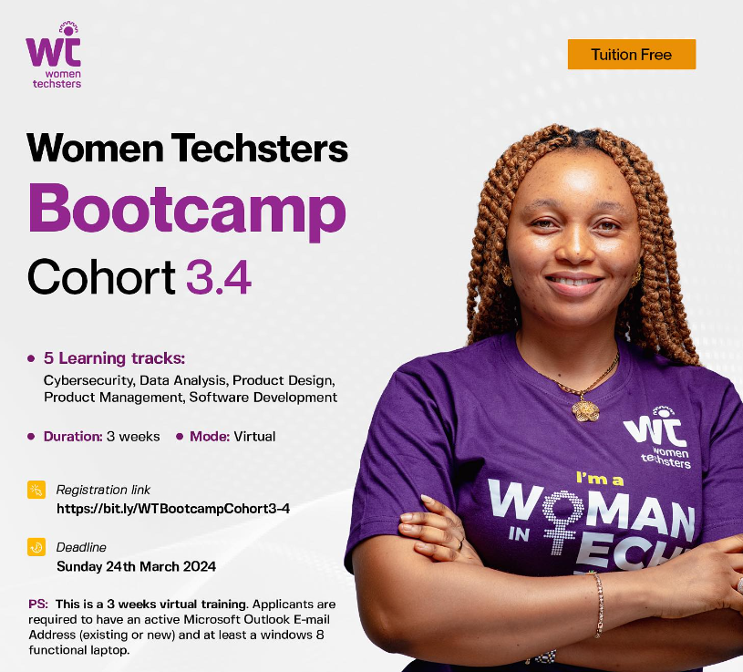 OlamideTowobola's tweet photo. The Women Techsters Bootcamp Cohort 3.4 is accepting applications!

This 3-week FREE bootcamp is available to women from African countries and you will be trained on the following skills:

Cybersecurity
Data Analysis
Product Design (UI/UX)
Product Management 
Software Development

Application closes tomorrow (Mar. 24). Apply here: https://t.co/HitX9srwMR

TAG or REPOST for someone on your TL.

Cheers!
