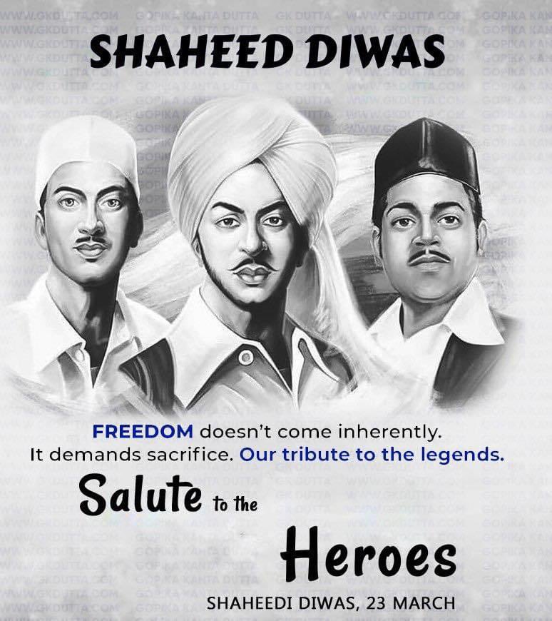 Today on #ShaheedDiwas, remembering those who gave their lives for our freedom. We all are forever in debt of our martyrs #BhagatSingh #Sukhdev and #Rajguru who sacrificed their lives for our motherland. They will forever be our real heroes and pride. Vande Mataram. Jai Hind!