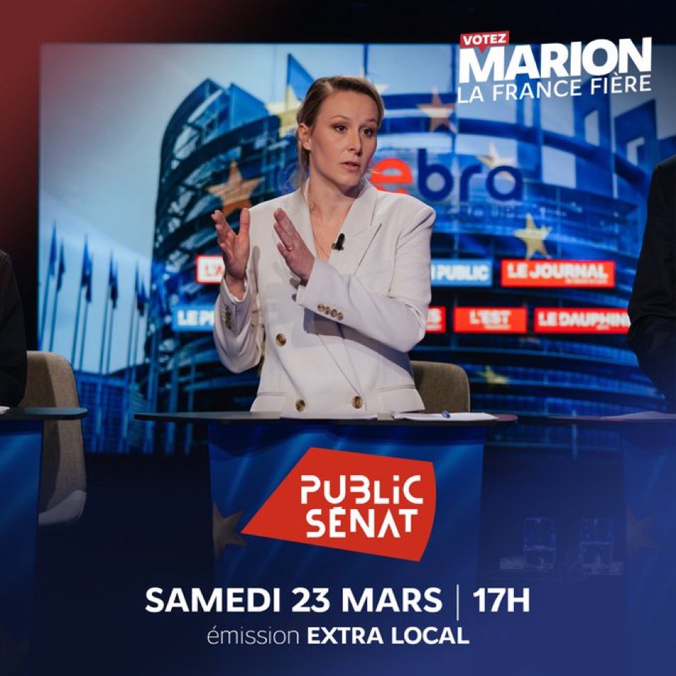 🔵⚪️🔴 À vos postes ! 

#MarionMaréchal nous donne rendez-vous ce samedi 23 mars à 17h sur @publicsenat.

Notre vice-présidente exécutive et tête de liste aux #Européennes2024 est invitée dans l’émission #ExtraLocal.

#LaFranceFière #VotezMarion 🗳️🚀
#Reconquête #AvecMarion 🌿🇫🇷
