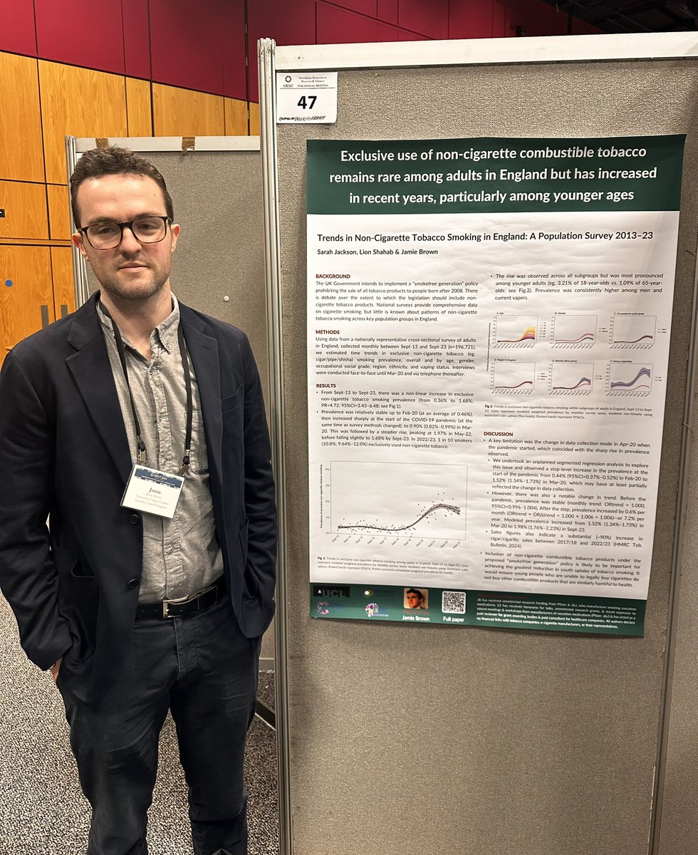 Final day of #SRNT2024: @UCL_TARG analysis of increasing patterns of non-cig smoking rates, led by @DrSarahEJackson & @jamiebrown10. Find it at final poster session, now also published in N&TR: academic.oup.com/ntr/advance-ar…