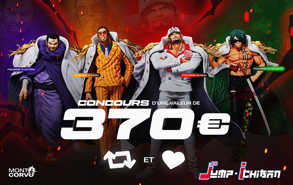 CONCOURS ONE PIECE👑 Avec @JumpIchibanjp on vous fait gagner l'intégrale de la nouvelle gamme de figurine : ABSOLUTE JUSTICE ! Je parle bien des 4 Amiraux réunis (valeur : 370€) ! Pour jouer : ❤️Follow nous et @JumpIchibanjp 🔁Like et RT ce Tweet ✅Tag 2 amis