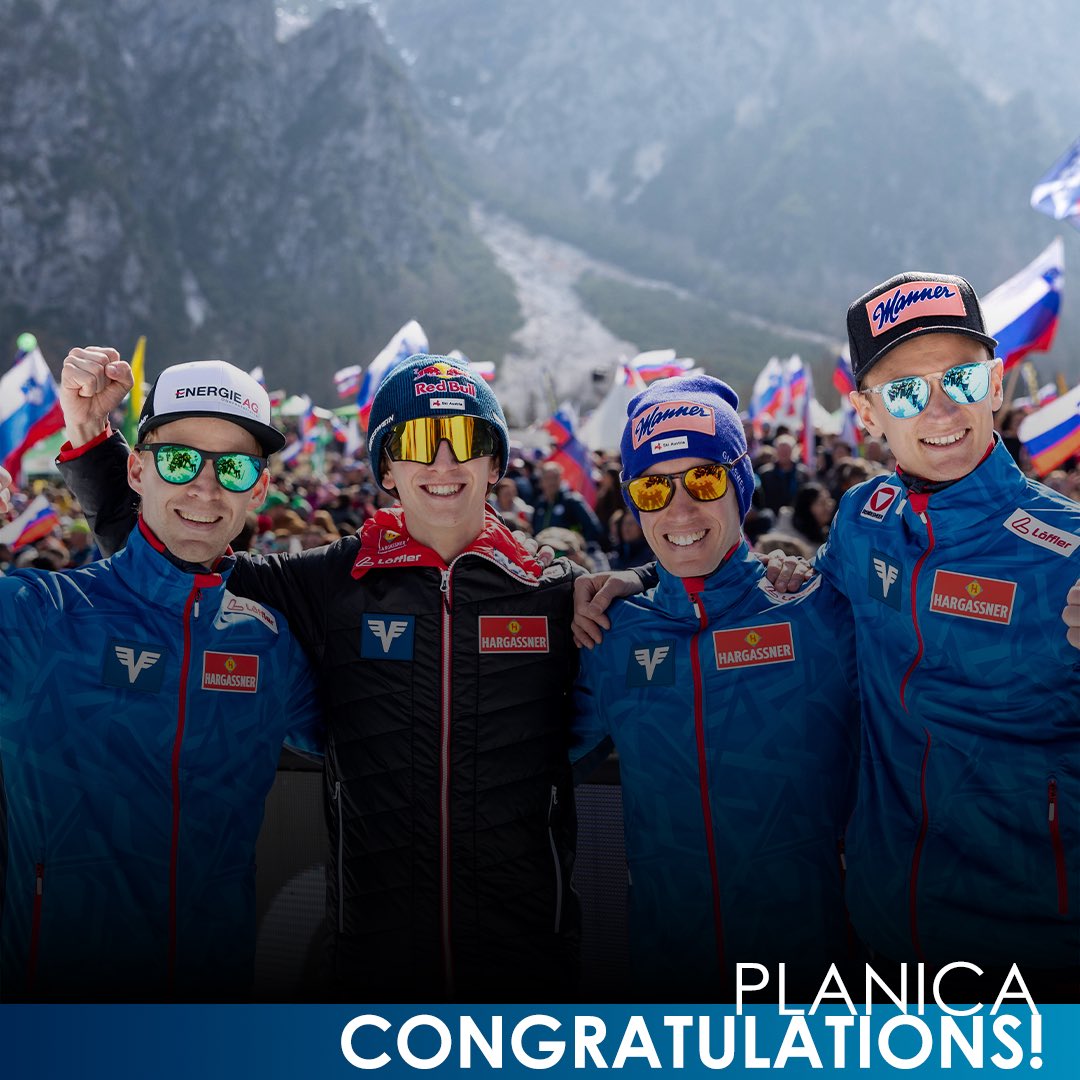 TEAM-AUSTRIA once again on 🔝! 🇦🇹🥇 The Austrian quartet Daniel #Tschofenig, Michael #Hayböck, Stefan #Kraft & Daniel #Huber secures victory in front of 🥈Team-🇸🇮 and 🥉Team-🇳🇴 in only one round due to wind conditions! #worldcup #skiflying #skijumpingfamily #Planica